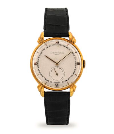 Orologio Fancy Lugs in oro giallo 18k, quadrante argenté con numeri romani, circa 1945