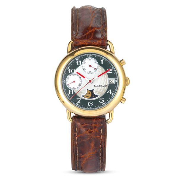 Cronografo con fasi lunari in acciaio laminato, quadrante verde con decorazione con pallina da golf e datario al tre, carica automatica, 37 mm