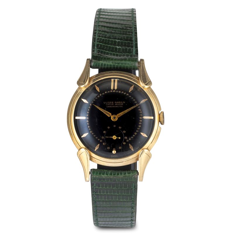 Ulysse Nardin : Dress Watch in oro giallo 14k con anse Cornes de Vache, quadrante nero con piccoli secondi al sei, carica manuale, 31,5 mm  - Asta Orologi da Polso - Cambi Casa d'Aste