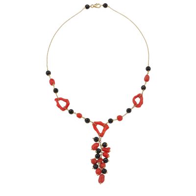 Montatura in oro giallo 750/1000, Collana con inserti in corallo ed onice