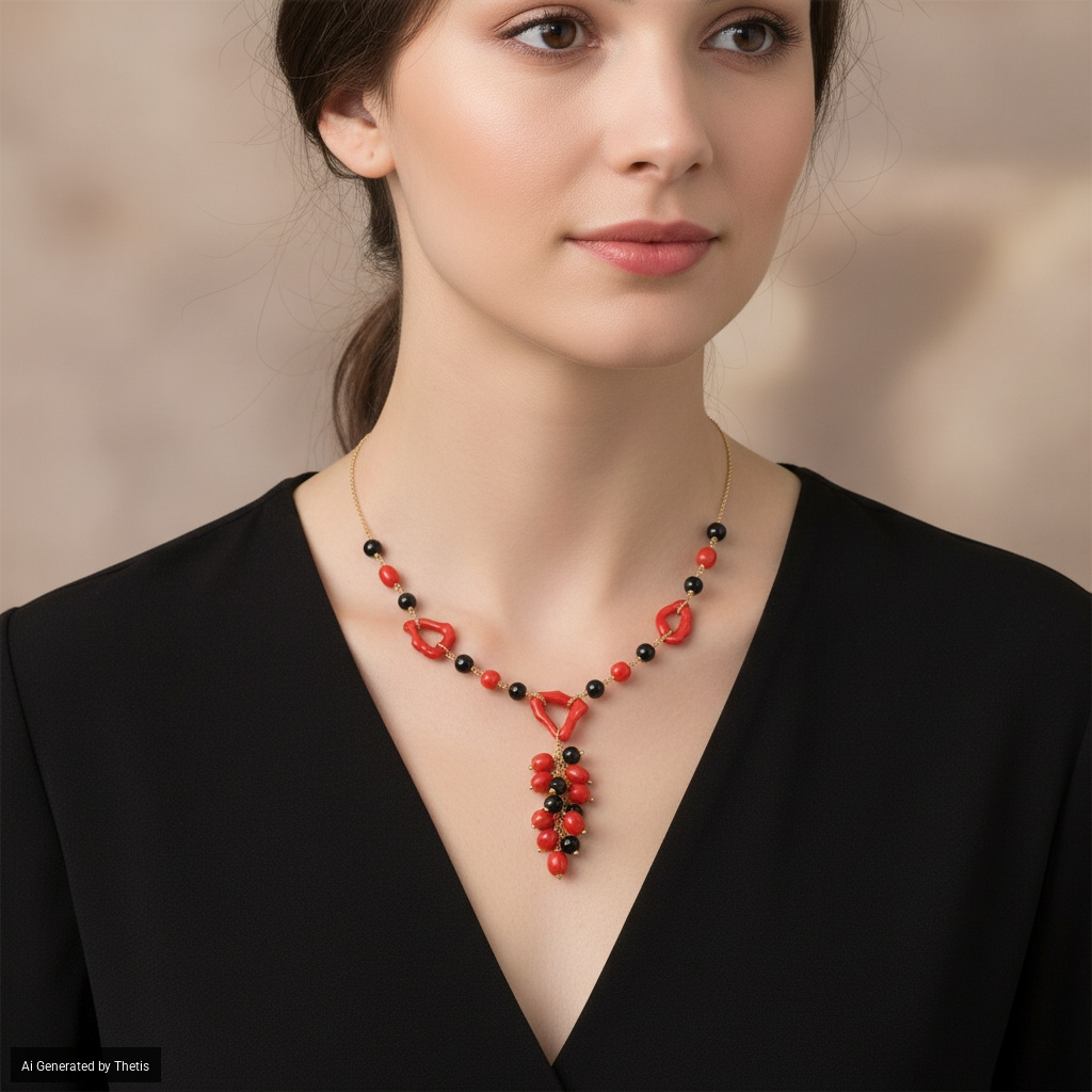Montatura in oro giallo 750/1000, Collana con inserti in corallo ed onice
