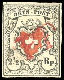 SVIZZERA POSTE FEDERALI 1850 - 2 1/2 r. Orts Post, croce inquadrata (17),