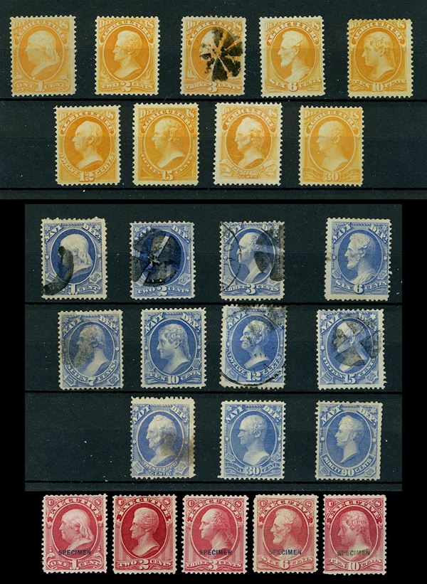 LOTTI E COLLEZIONI - STATI UNITI SERVIZIO 1873 - Tre serie complete (Unif.1/9,35/45,10/14,Yv.1/9,56/66,77/81), nuovi o usati, buona qualità.