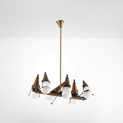 Lampada a sospensione in metallo e vetro opalino, circa 1950