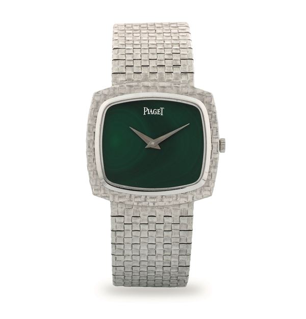 Piaget - Elegant ultra-flat wristwatch ref 9571H in white gold with integrated bracelet, malachite dial, circa 1970