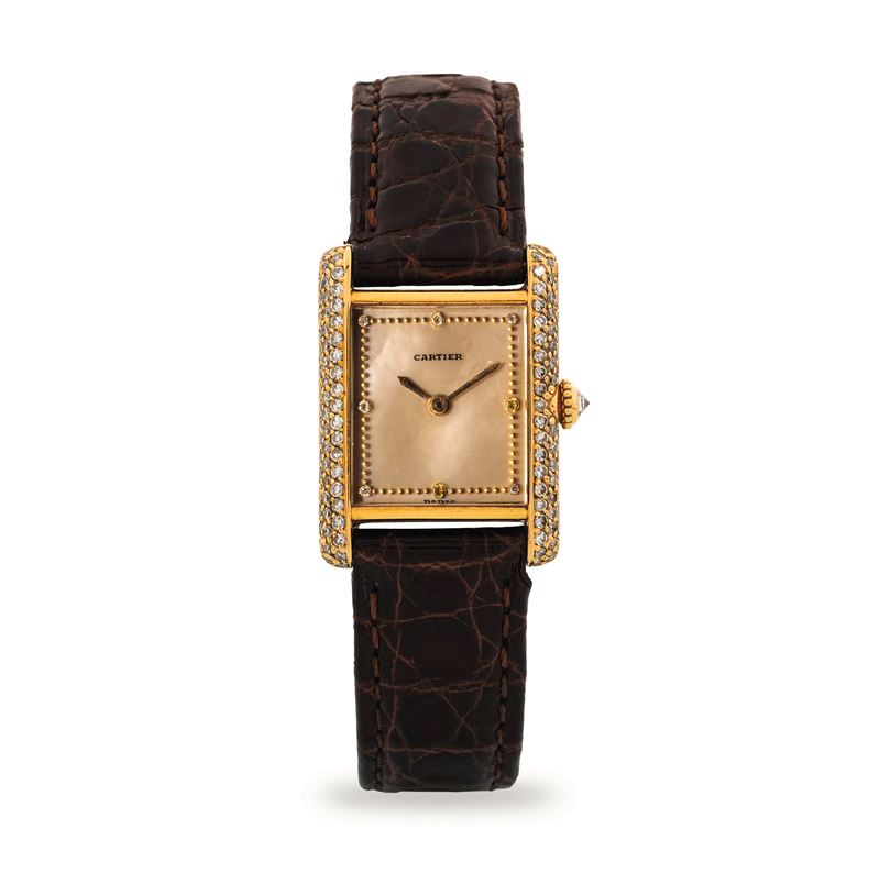 Cartier : Tank Louis ref 78227 in yellow gold and diamonds, mother-of-pearl dial with diamond hour markers, circa 1990  - Auction Wristwatches - Cambi Casa d'Aste