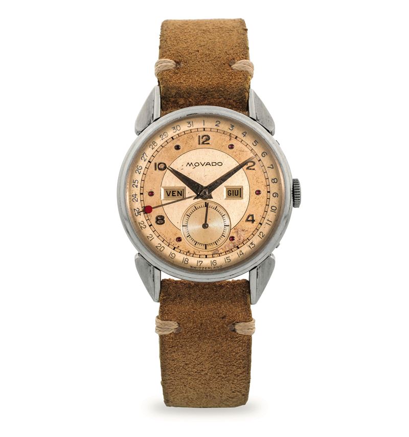 Movado : Triplo calendario ref 14820 in acciaio, quadrante argenté bitonale triplo calendario, circa 1940  - Asta Orologi da Polso - Cambi Casa d'Aste
