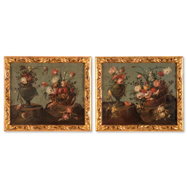 Natura morta con vasi e cesti di fiori