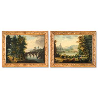 Scuola della fine del XVIII-inizi del XIX secolo, Paesaggi fluviali con figure, olio su tela