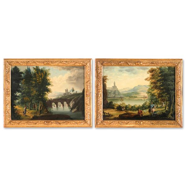 Scuola della fine del XVIII-inizi del XIX secolo Paesaggi fluviali con figure