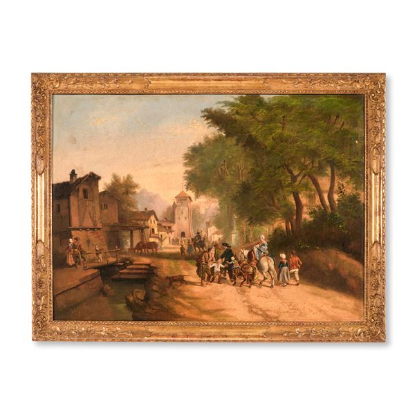 Scuola lombarda del XIX secolo Veduta di villaggio con popolani
