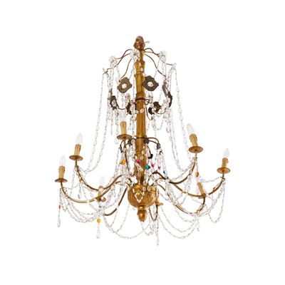 Lampadario genovese, legno dorato con otto bracci arcuati e applicazioni in vetro, XVIII–XIX seco...