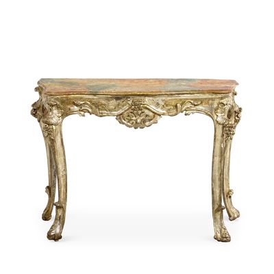 Console napoletana del XVIII secolo, legno intagliato e argentato con piano sagomato dipinto a fi...