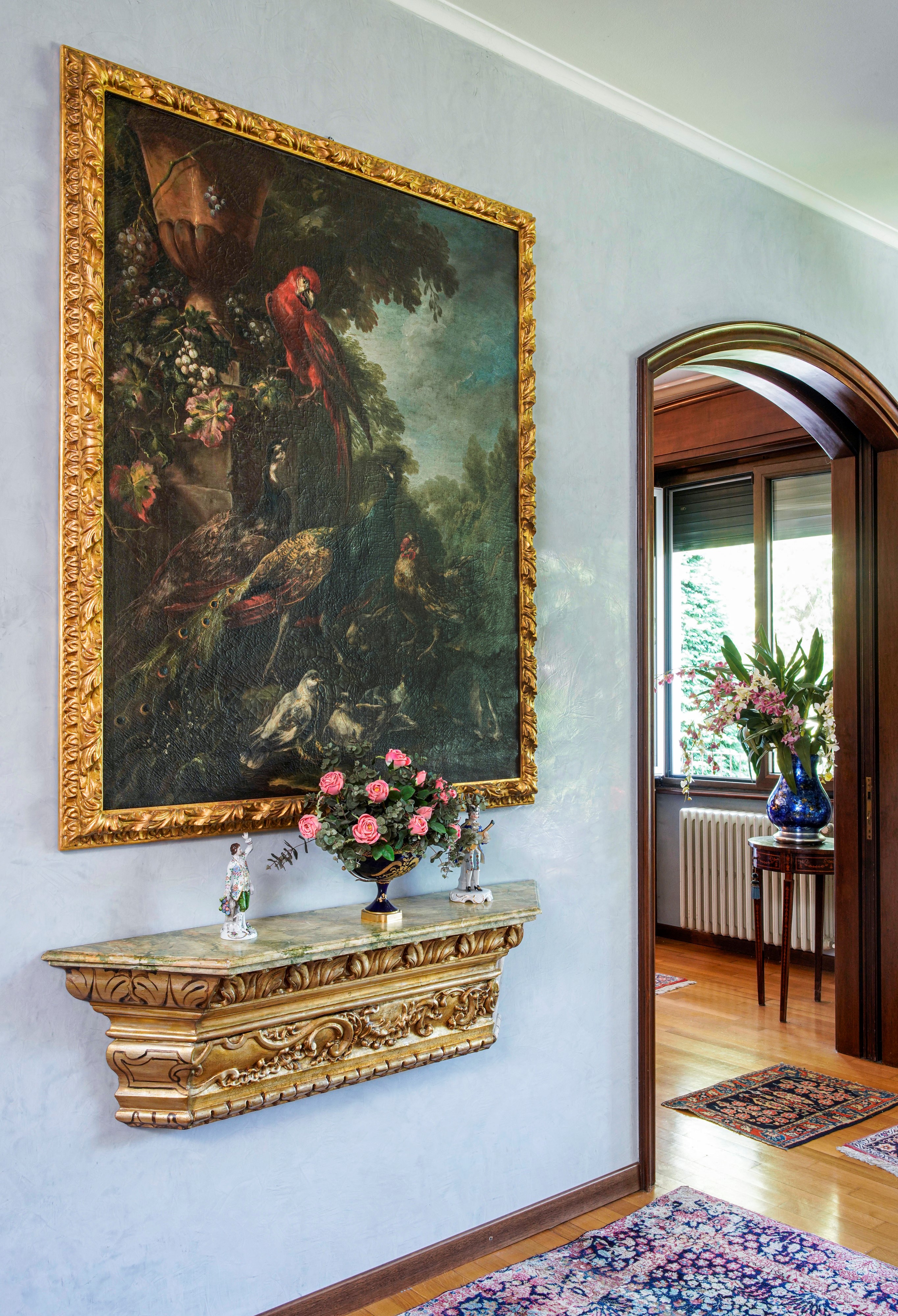 Giovanni Jacopo Crivelli Detto il Crivellino - Paesaggio con pappagallo, pavoni, gallinacei e con...