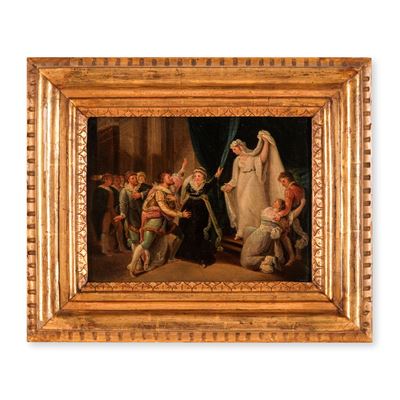 Scena tratta da "Il racconto d'inverno" di Shakespeare, olio su tavoletta