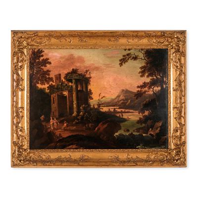 Scuola del XVIII-XIX secolo, Paesaggio fluviale con architetture e contadini, olio su tavola