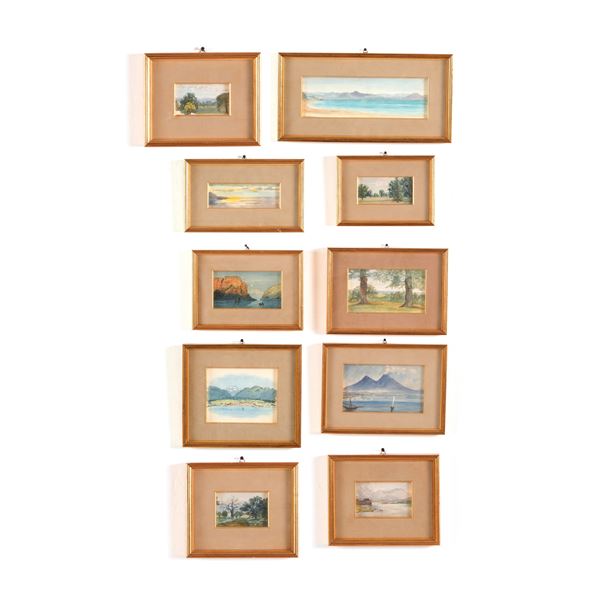 Gruppo di dieci acquerelli raffiguranti paesaggi. XX secolo