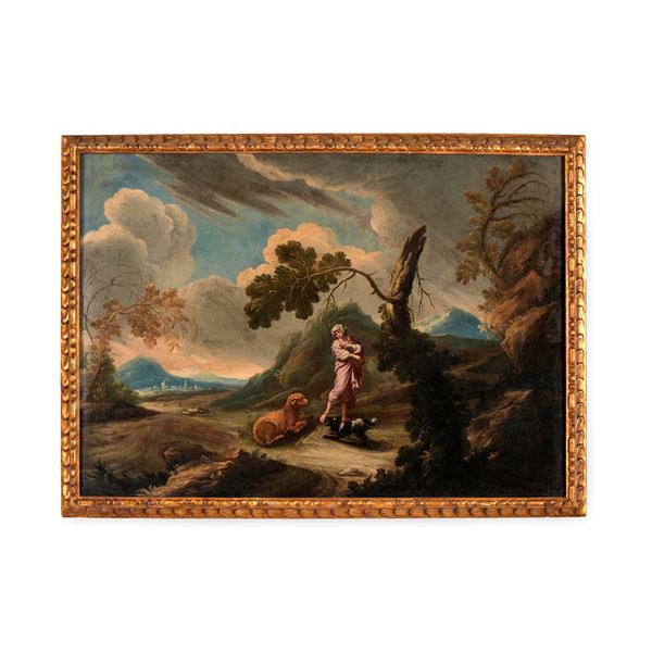Scuola romana del XVIII secolo Paesaggio con contadina