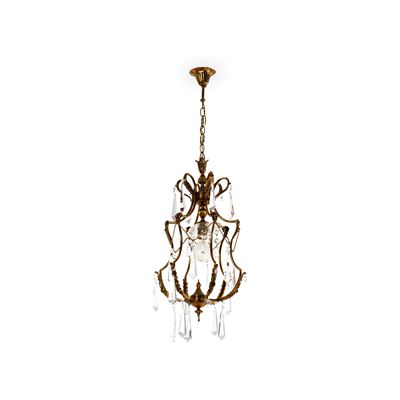 Piccolo Lampadario in Metallo Dorato con Pendenti Decorativi Vetro