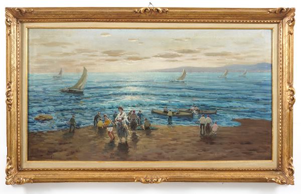 G.Morelli (XX secolo) Veduta costiera con figure