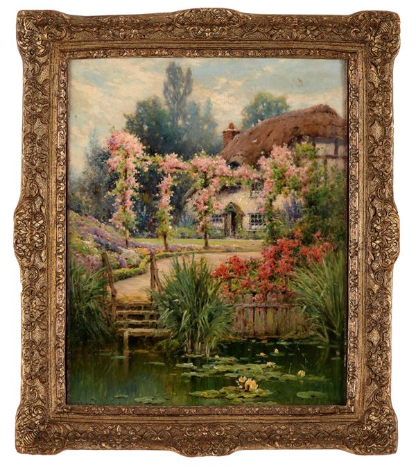 Scuola inglese del XIX secolo Cottage con giardino fiorito