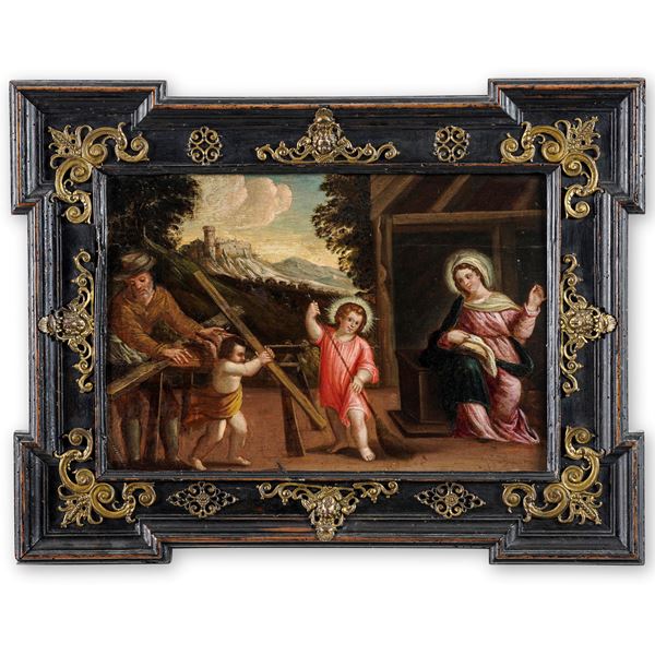 Scuola del XVII secolo Gesù Bambino nella bottega di San Giuseppe