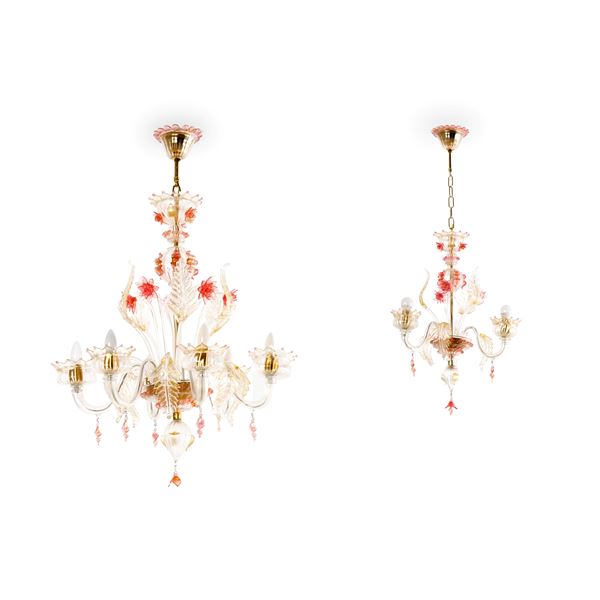 Due lampadari in vetro di Murano, XX secolo