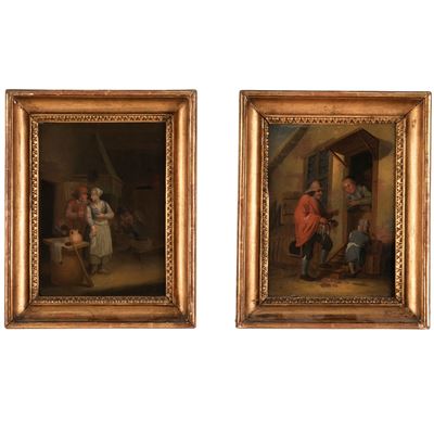 Scuola fiamminga del XIX secolo, Scene con figure, olio su tavola (coppia)