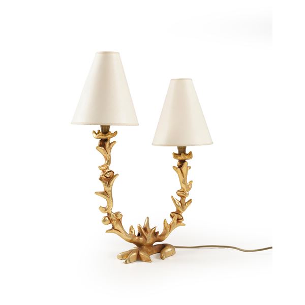 Lampada da tavolo a due luci in metallo dorato, XX secolo