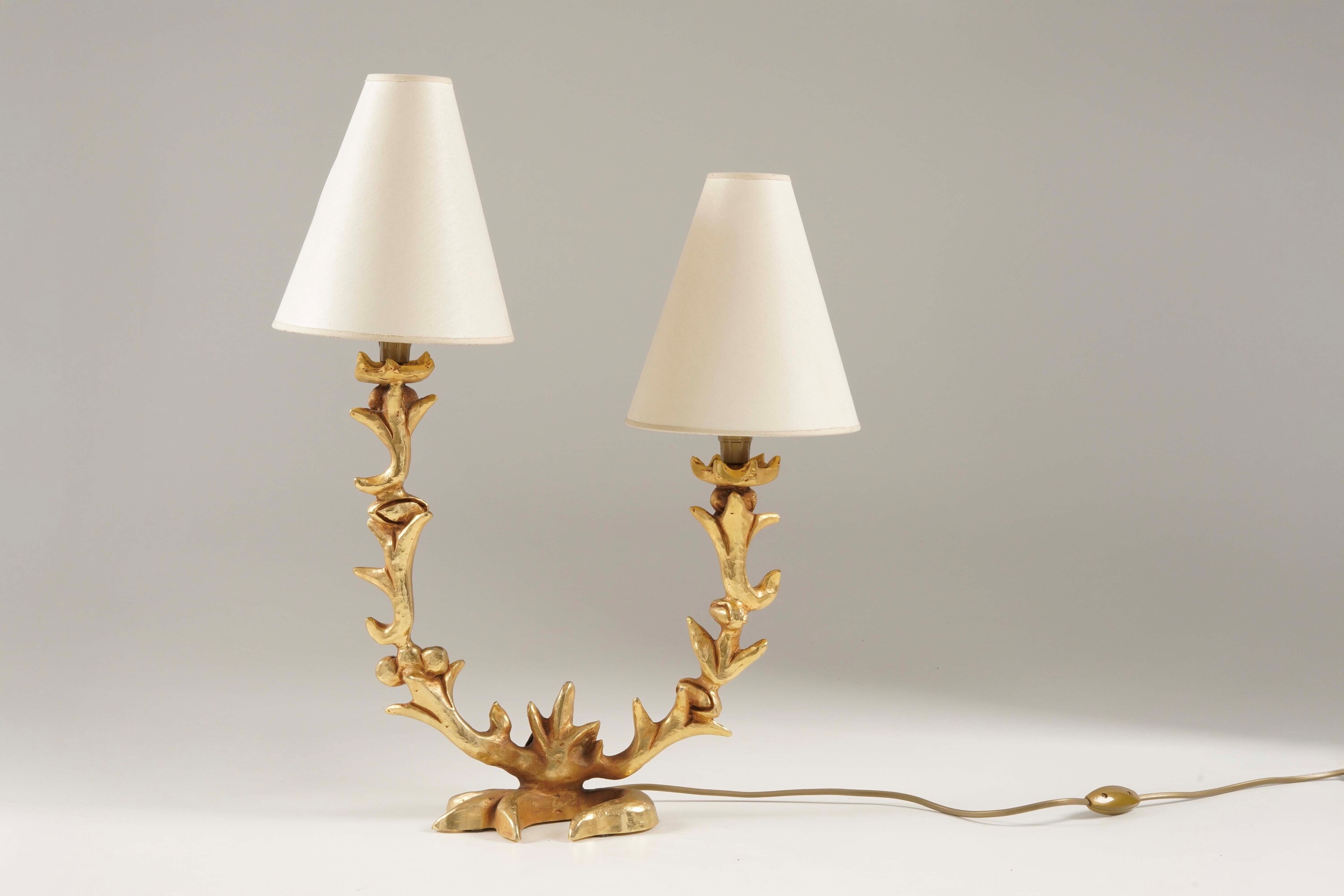 Lampada da Tavolo a Due Luci in Metallo Dorato, XX Secolo