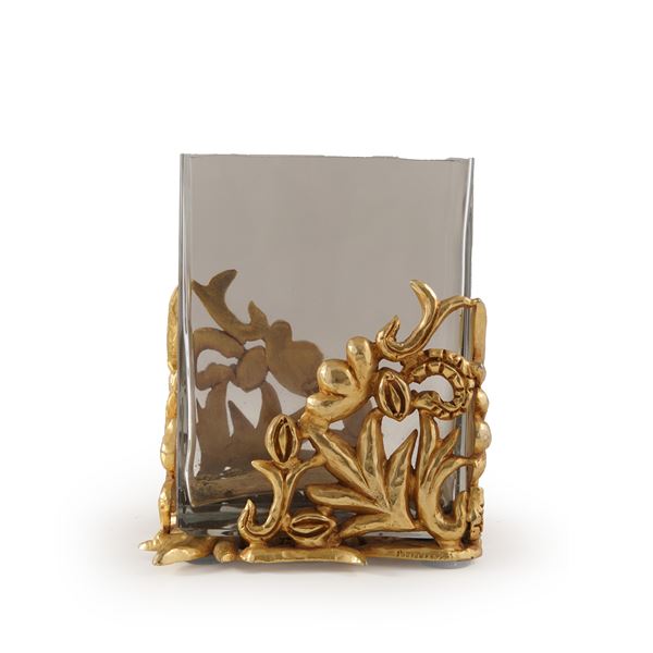 Vaso in vetro e metallo dorato, XX secolo