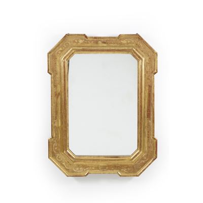 Grande Specchiera con Cornice a Vassoio in Legno Inciso e Dorato