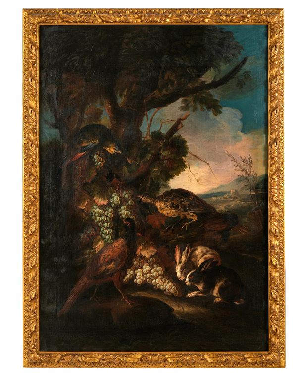 Paesaggio con pappagallo, coniglietti e quaglie