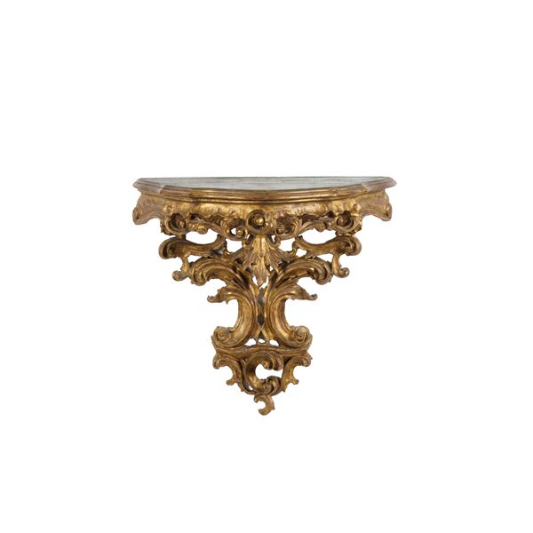 Console pensile in legno dorato con piano a finto marmo