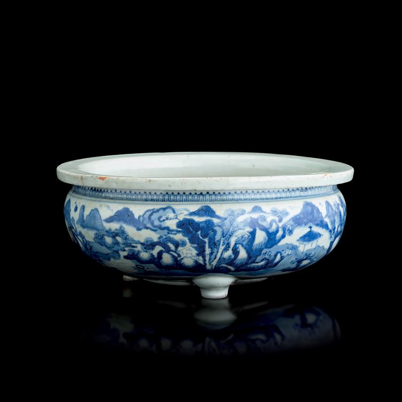 Blue and white porcelain censer depicting a landscape scene, China, Qing Dynasty, Kangxi period (1662–1722)  - Auction Fine Asian Works of Art - Cambi Casa d'Aste