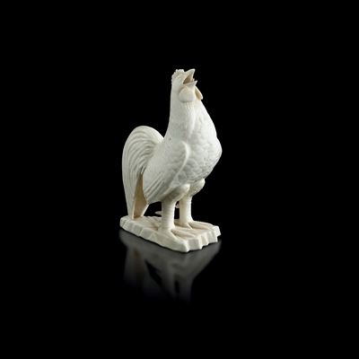Figura di Gallo in Porcellana Dehua, Blanc De Chine, Cina, Dinastia Qing, XVIII Secolo