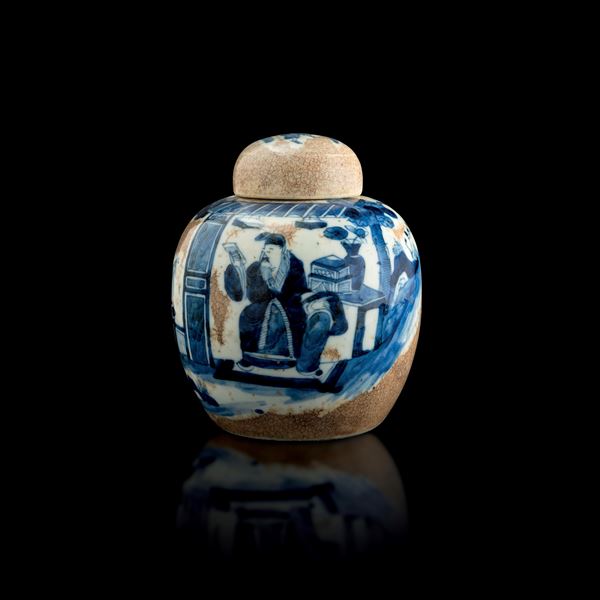 Potiche in porcellana bianca e blu raffigurante scena di corte, Cina, Dinastia Qing, epoca Guangxu (1875-1908)