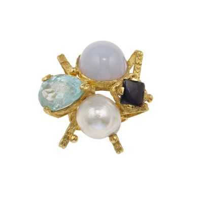 Anello con Perla, Topazio Azzurro, Tanzanite e Clair De Lune