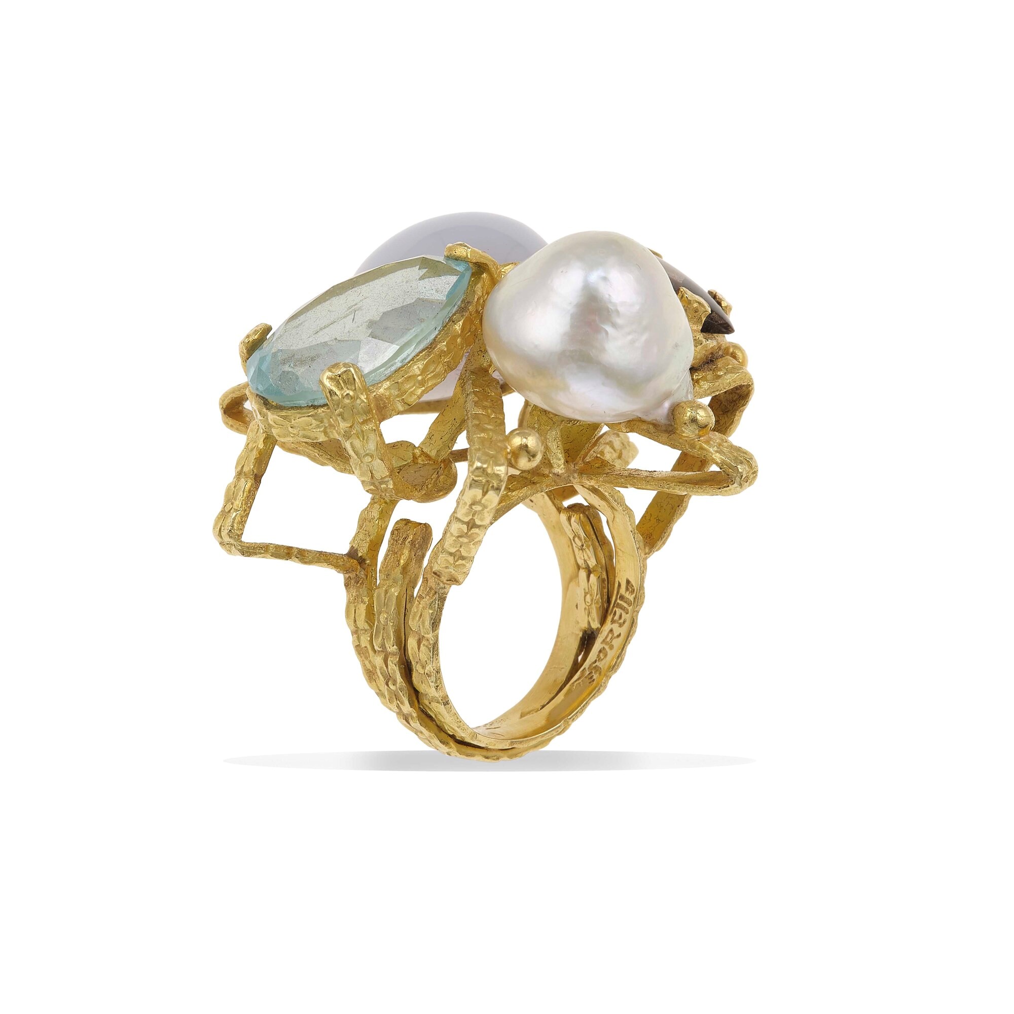 Anello con Perla, Topazio Azzurro, Tanzanite e Clair De Lune