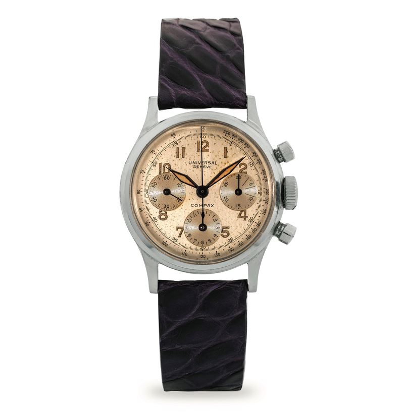 Universal Genève : Compax ref 22278 in acciaio, carica manuale, quadrante argenté con numeri arabi e lancette luminose, circa 1950  - Asta Orologi da Polso - Cambi Casa d'Aste