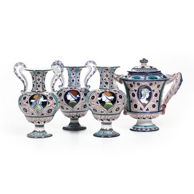 Manifattura C.A.C.F, Faenza, Quattro vasi in maiolica con marca C.A.C.F