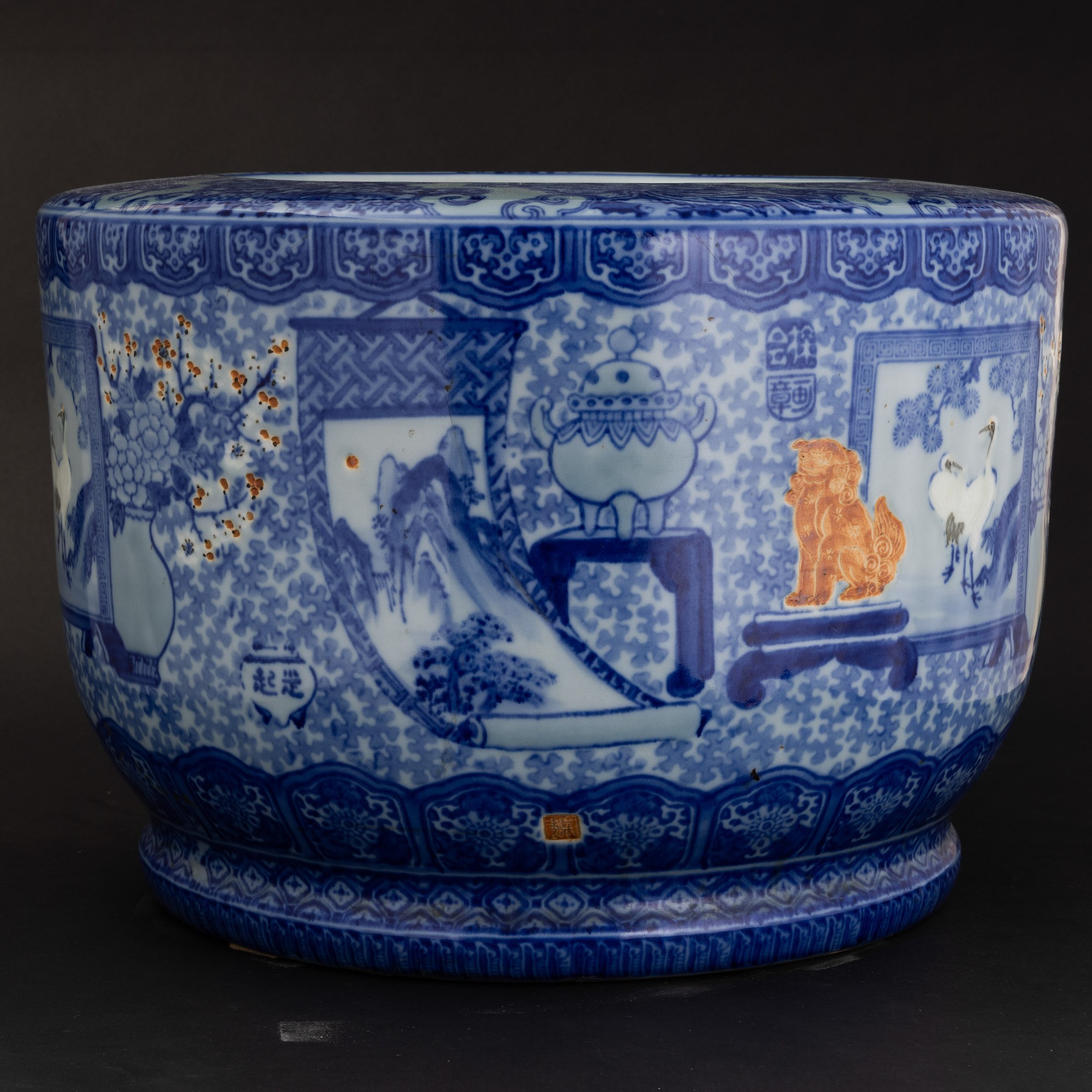 Cachepot in Porcellana Bianca e Blu con Scene Paesaggistiche Entro Riserve, Decori a Soggetto Veg...