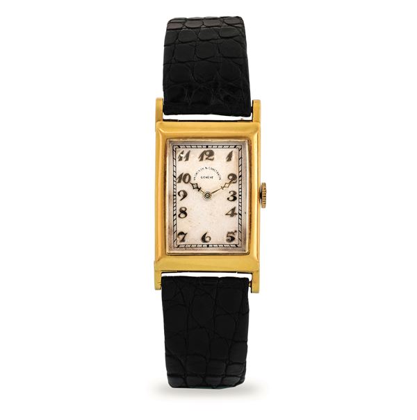 Vacheron &amp; Constantin - Art Deco tank in 18k yellow gold with swinging lugs, silver-plated dial with applied numerals, with box and archive extract, circa 1928
