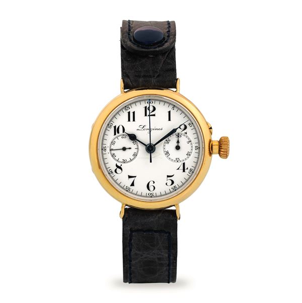 Longines - Single-pusher chronograph in crown, 18k yellow gold hinged case, white enamel dial with original box, circa 1925