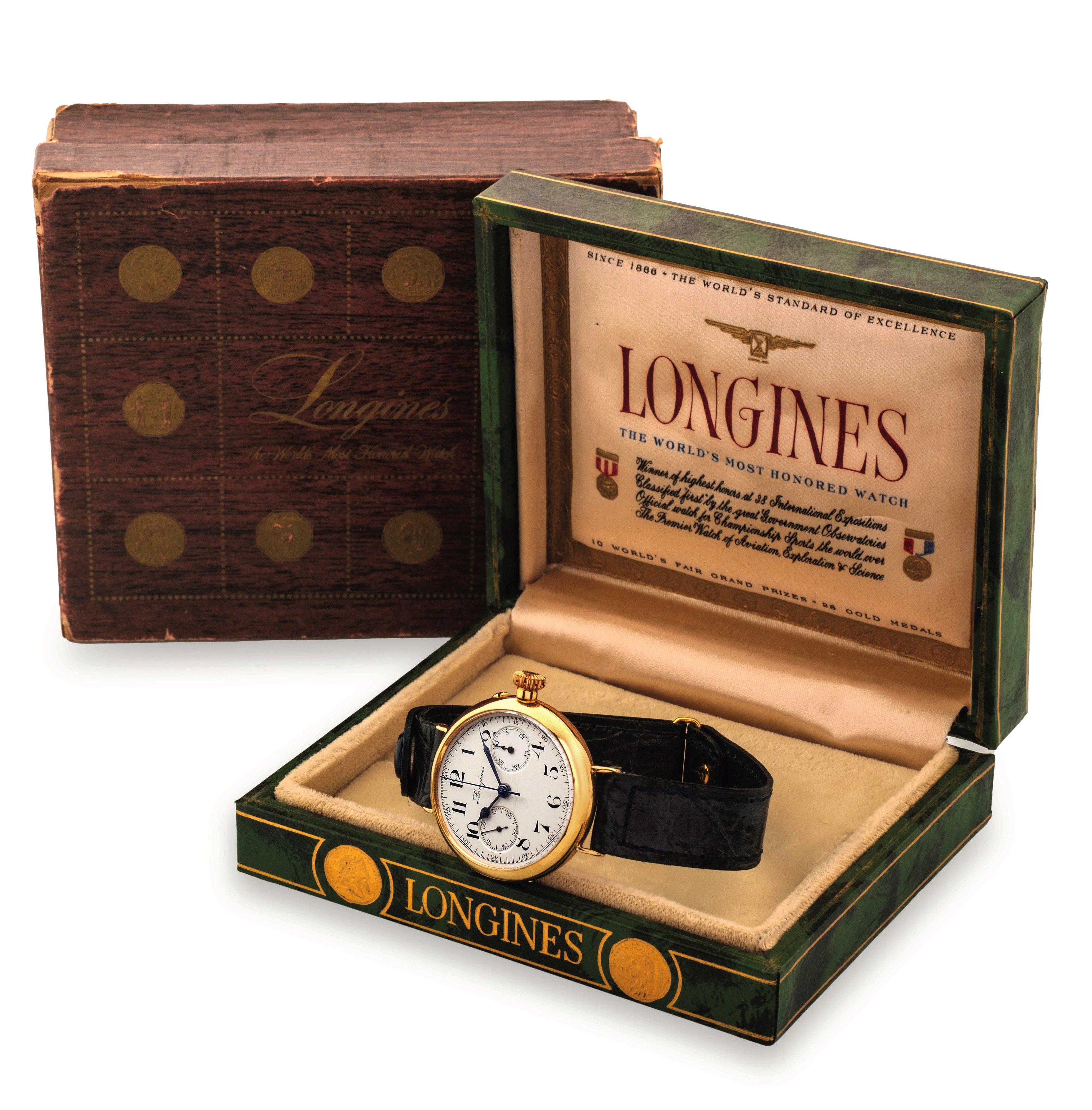 Longines - Cronografo monopulsante in oro giallo 18k con quadrante in smalto bianco, circa 1925