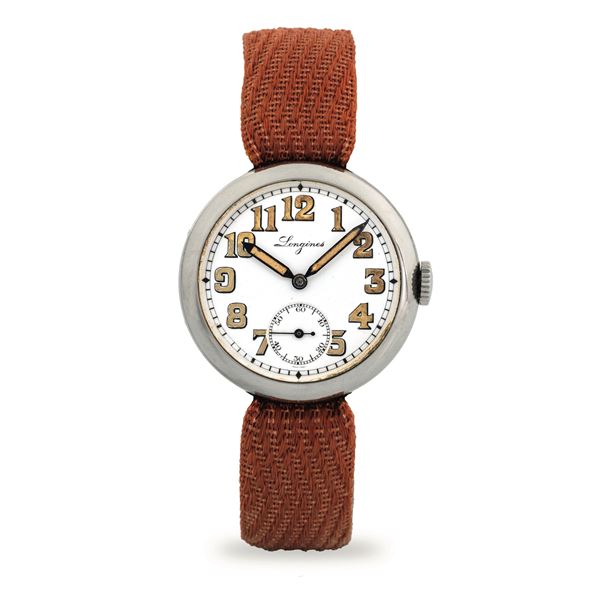 Longines - Steel military wristwatch, white enamel dial with seconds at 6 o'clock, circa 1921