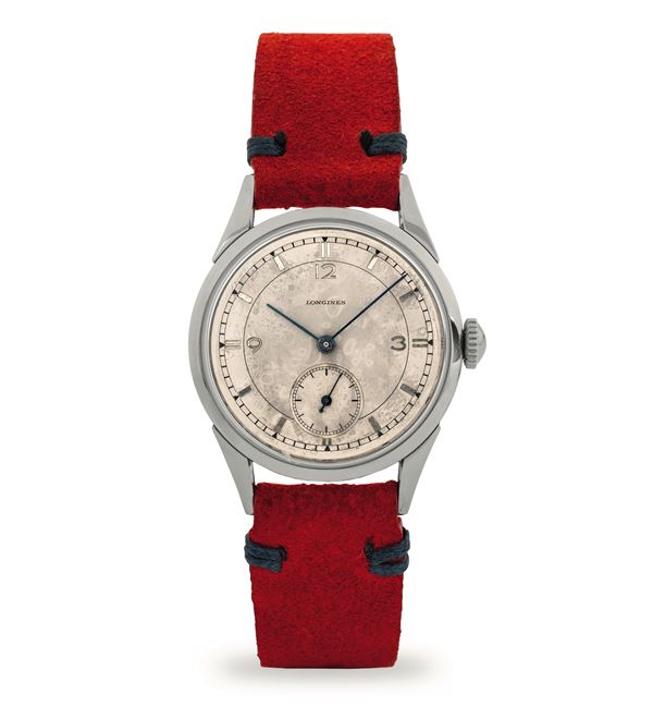 Longines - Wristwatch ref 6666 in steel, silvered dial with seconds at 6 o'clock, with archive extract, circa 1956