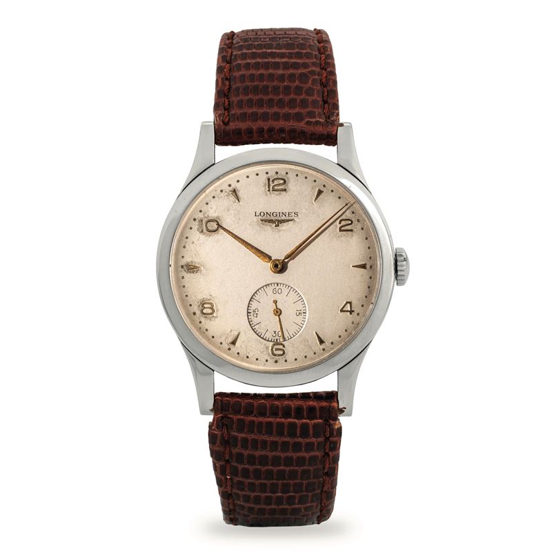 Longines : Wristwatch ref 6119 in steel, silver-plated dial with seconds at 6 o'clock, archive extract, circa 1951  - Auction Wristwatches - Cambi Casa d'Aste