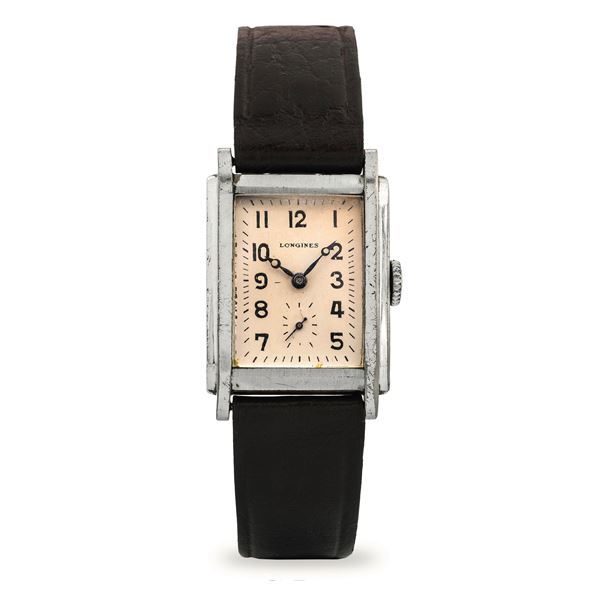 Longines - Art Deco steel tank with rectangular case, silver dial with seconds at 6 o'clock, circa 1940