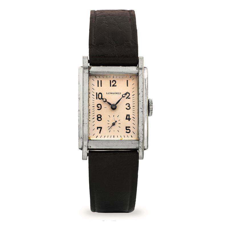 Longines : Art Deco steel tank with rectangular case, silver dial with seconds at 6 o'clock, circa 1940  - Auction Wristwatches - Cambi Casa d'Aste